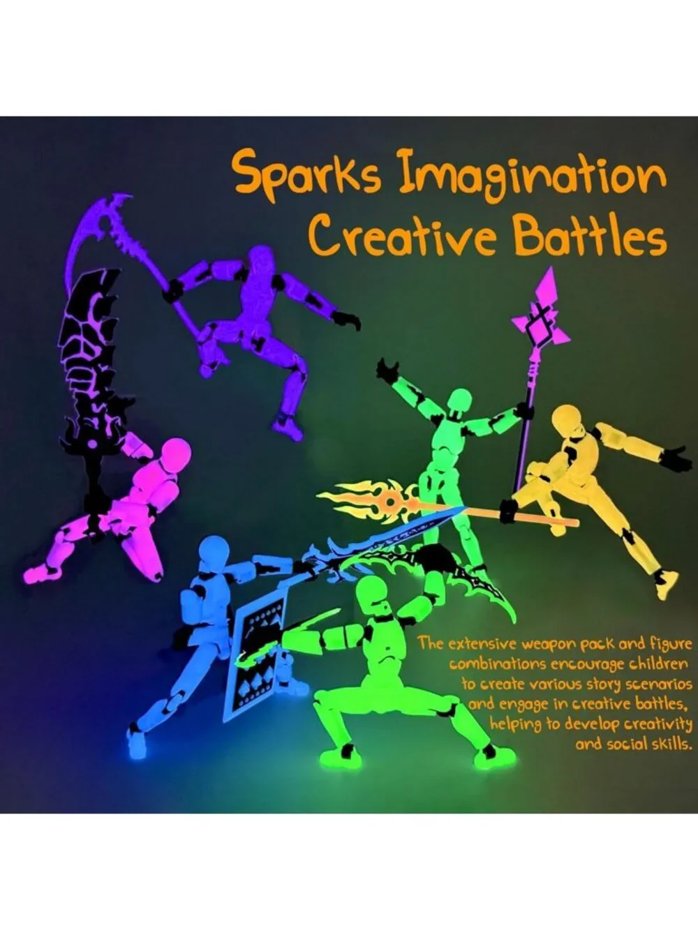 6-Pack Glowing 3D Printed Action Figures Set with Weapons - Colorful